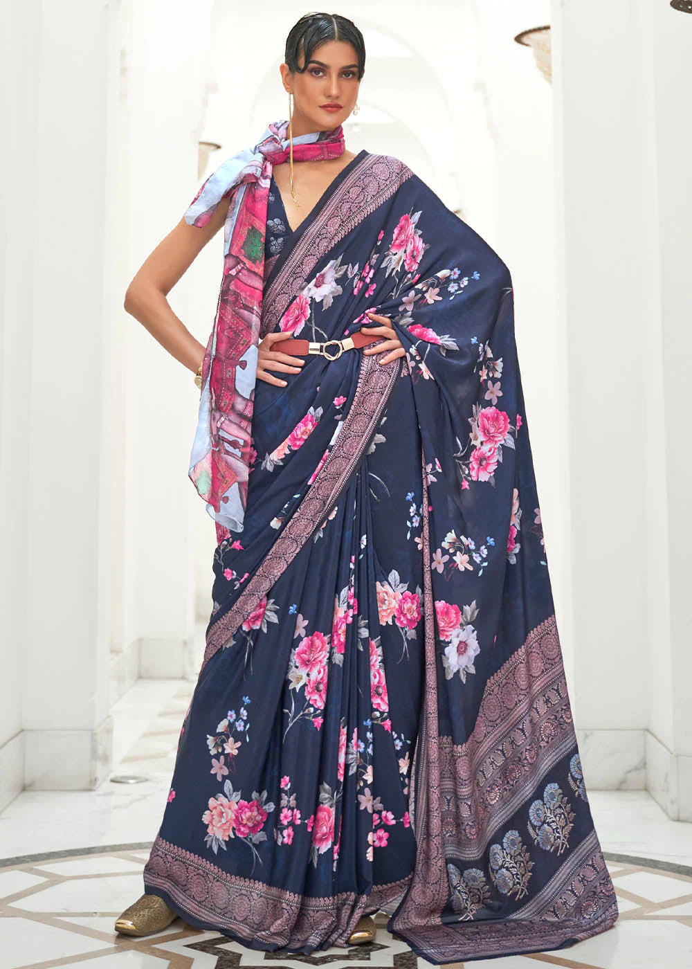 MIDNIGHT BLUE DIGITAL FLORAL PRINTED CREPE SATIN SILK SAREE