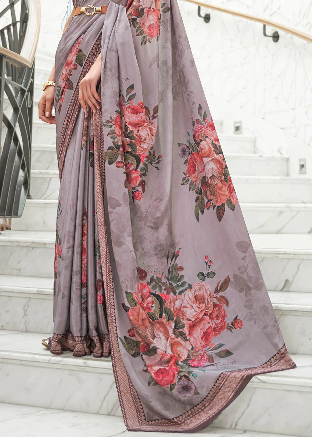 PRIWINKLE PURPLE DIGITAL FLORAL PRINTED CREPE SATIN SILK SAREE