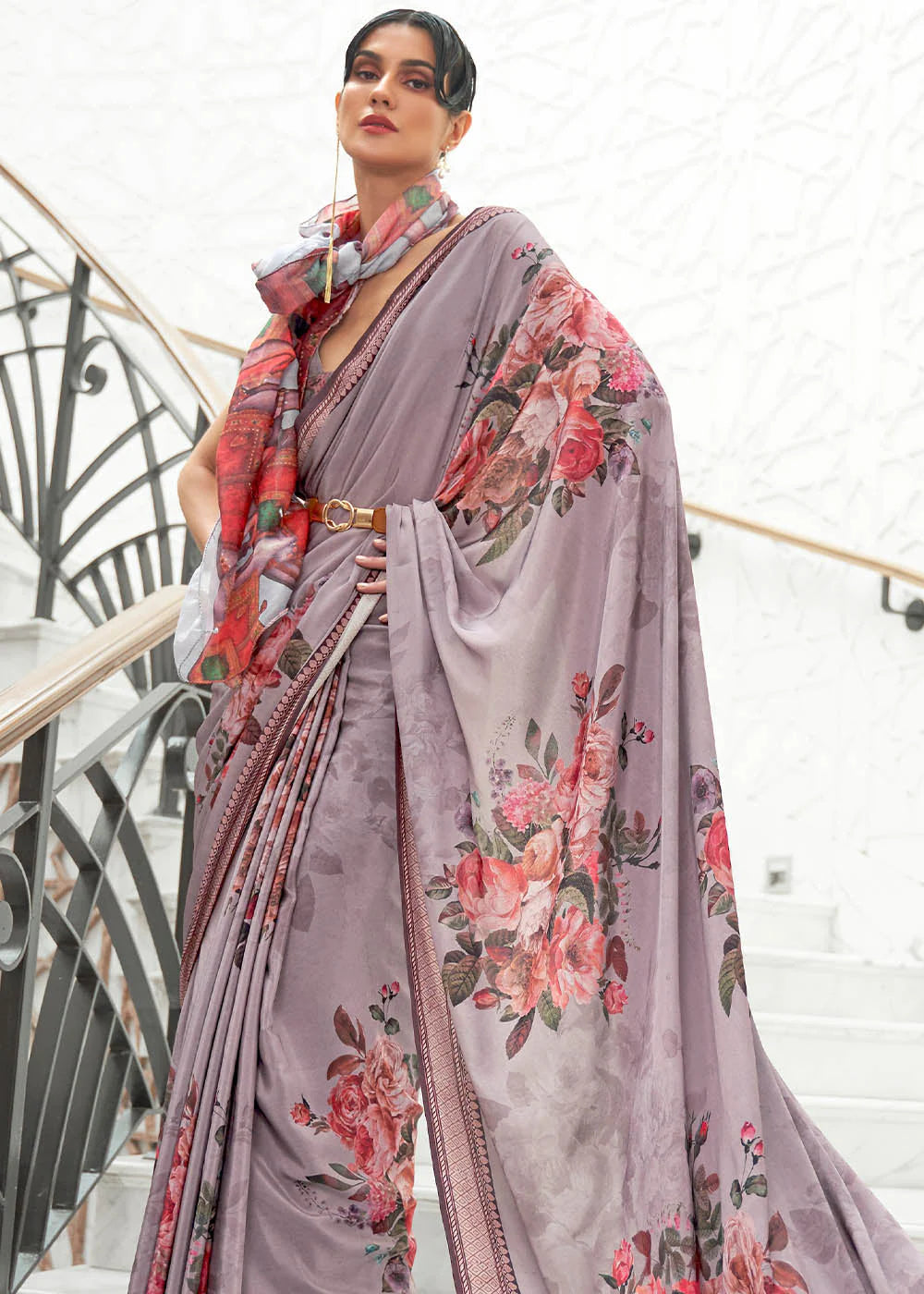 PRIWINKLE PURPLE DIGITAL FLORAL PRINTED CREPE SATIN SILK SAREE