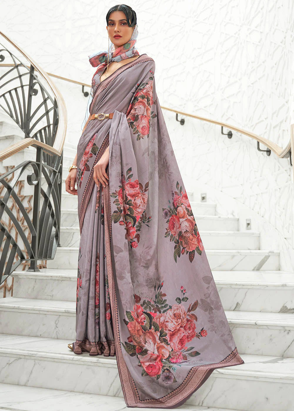 PRIWINKLE PURPLE DIGITAL FLORAL PRINTED CREPE SATIN SILK SAREE