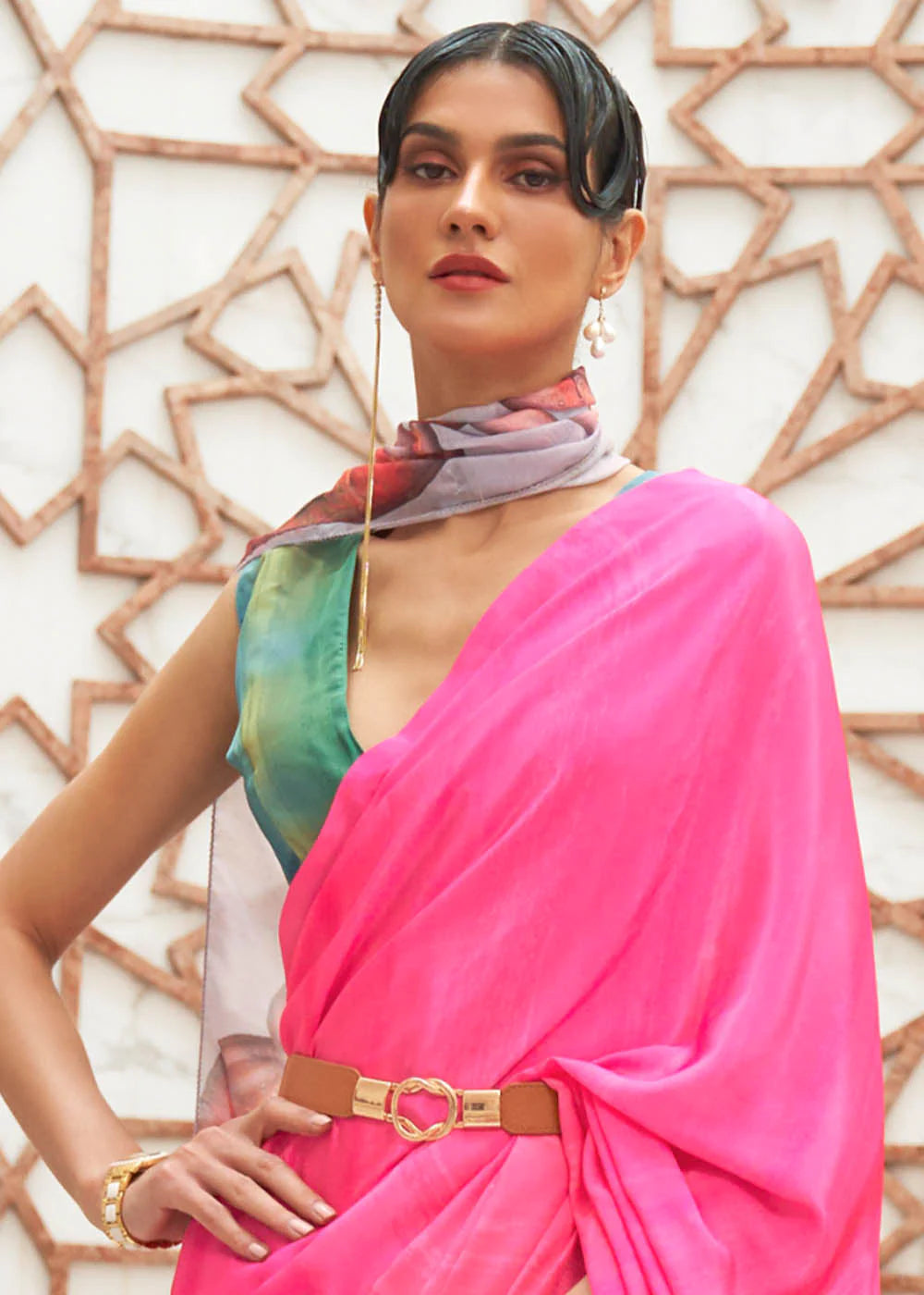 ROUGE PINK DIGITAL  PRINTED CREPE SATIN SILK SAREE