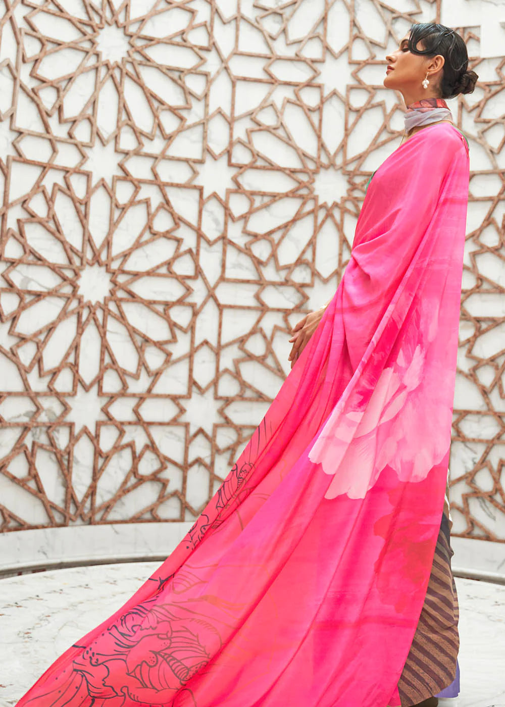 ROUGE PINK DIGITAL  PRINTED CREPE SATIN SILK SAREE