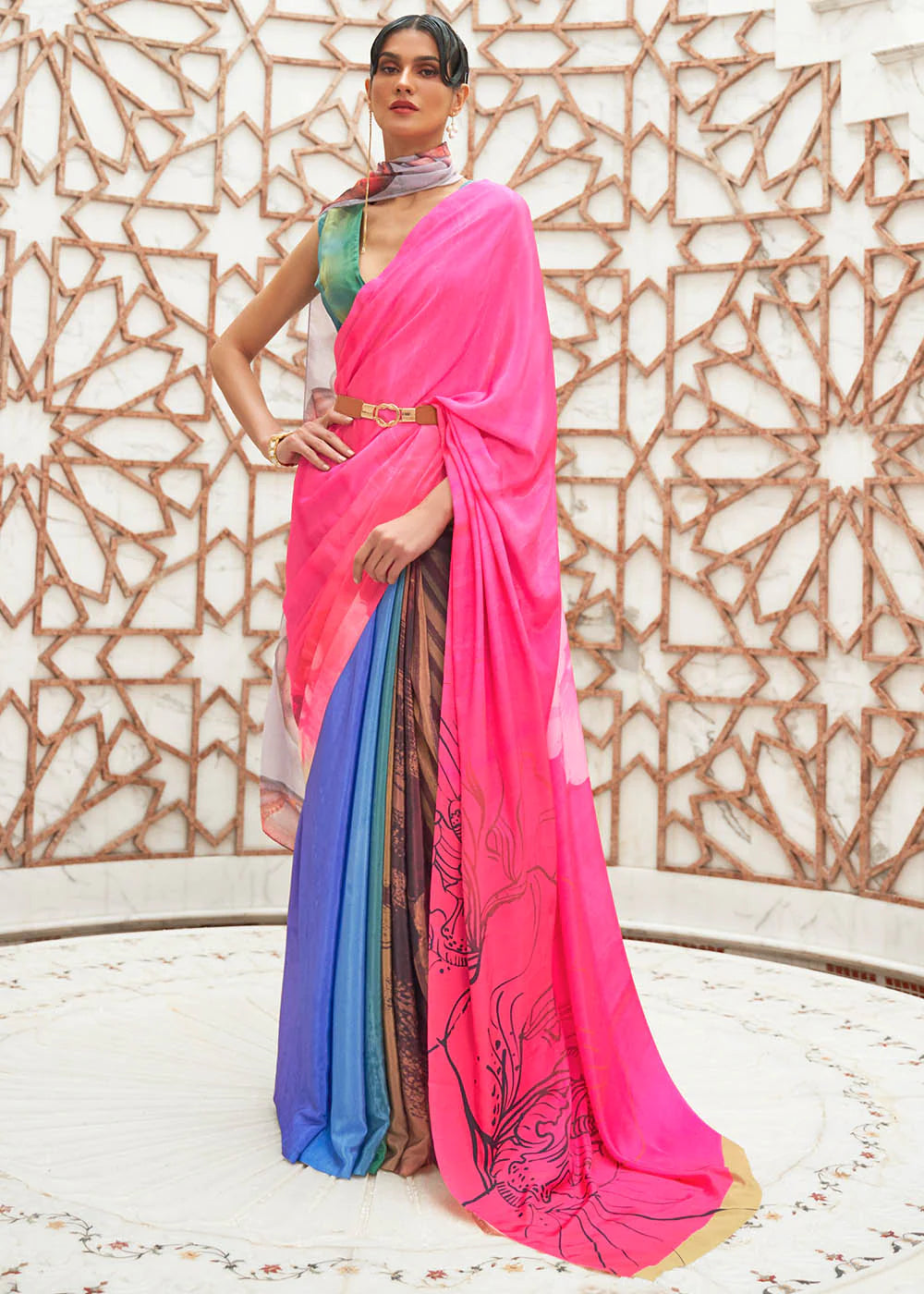 ROUGE PINK DIGITAL  PRINTED CREPE SATIN SILK SAREE