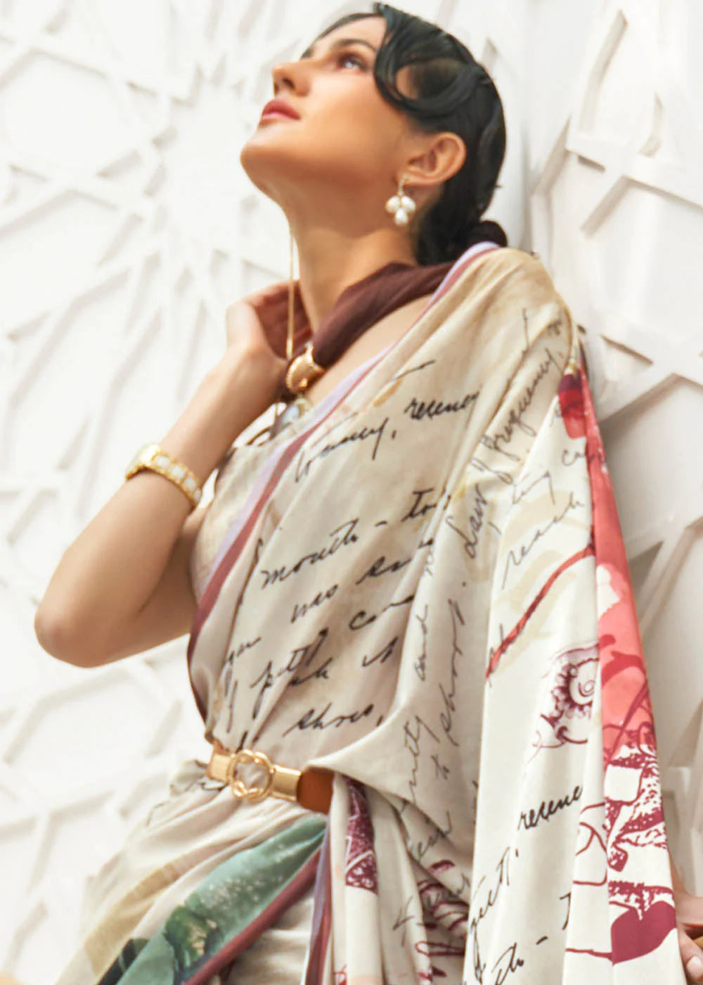 OATMEAL WHITE DIGITAL PRINTED CREPE SATIN SILK SAREE