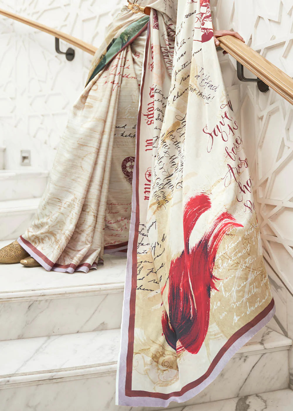 OATMEAL WHITE DIGITAL PRINTED CREPE SATIN SILK SAREE