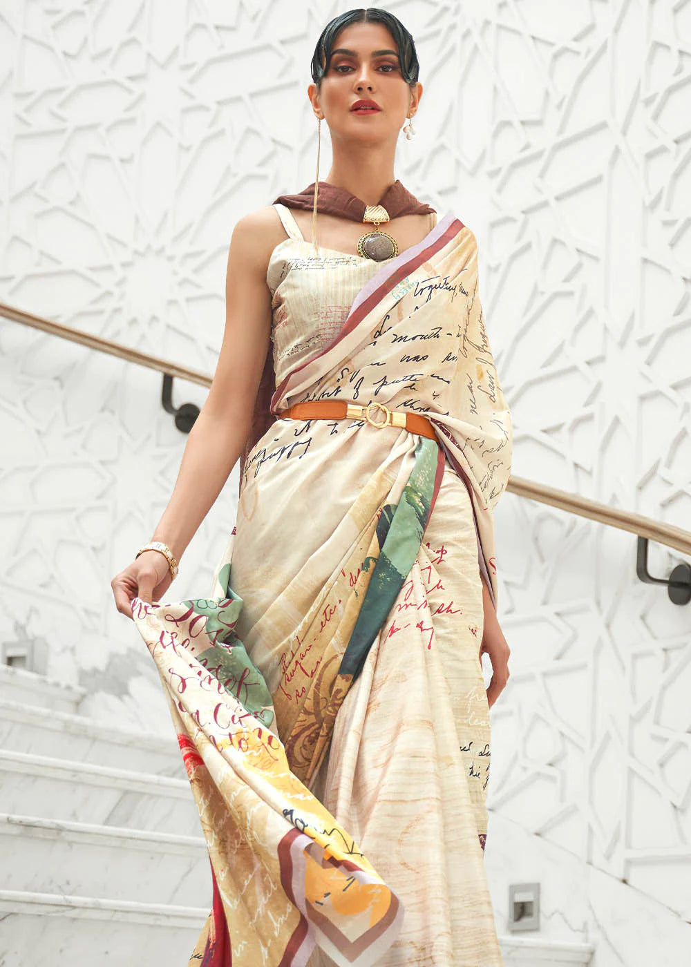 OATMEAL WHITE DIGITAL PRINTED CREPE SATIN SILK SAREE