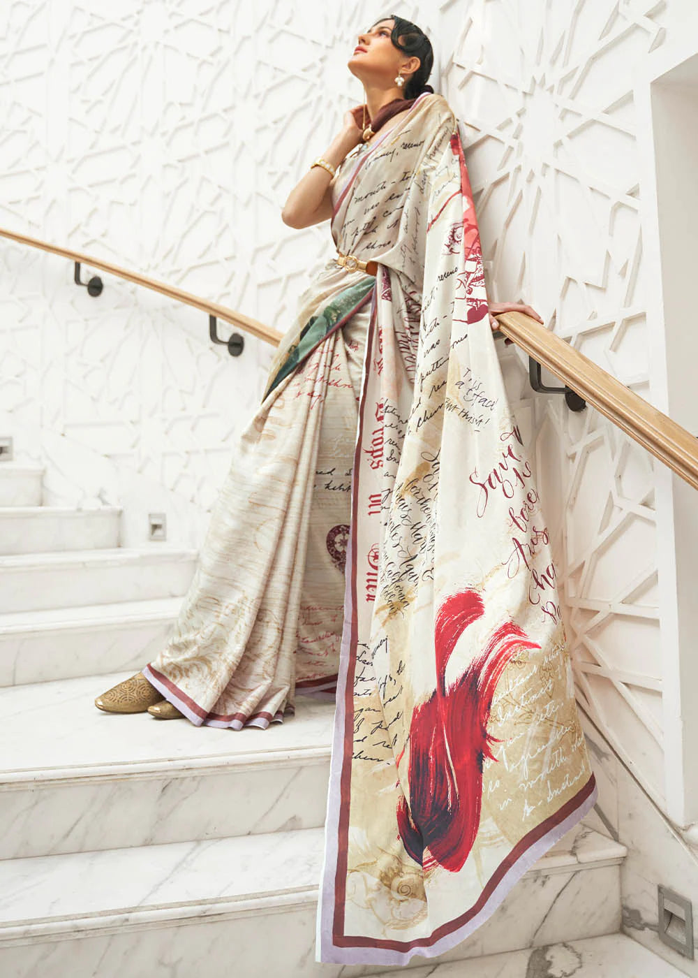 OATMEAL WHITE DIGITAL PRINTED CREPE SATIN SILK SAREE