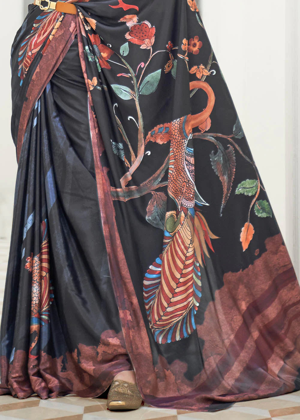 JET BLACK DIGITAL PRINTED CREPE SATIN SILK SAREE