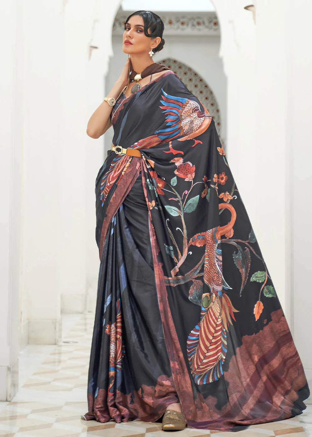 JET BLACK DIGITAL PRINTED CREPE SATIN SILK SAREE