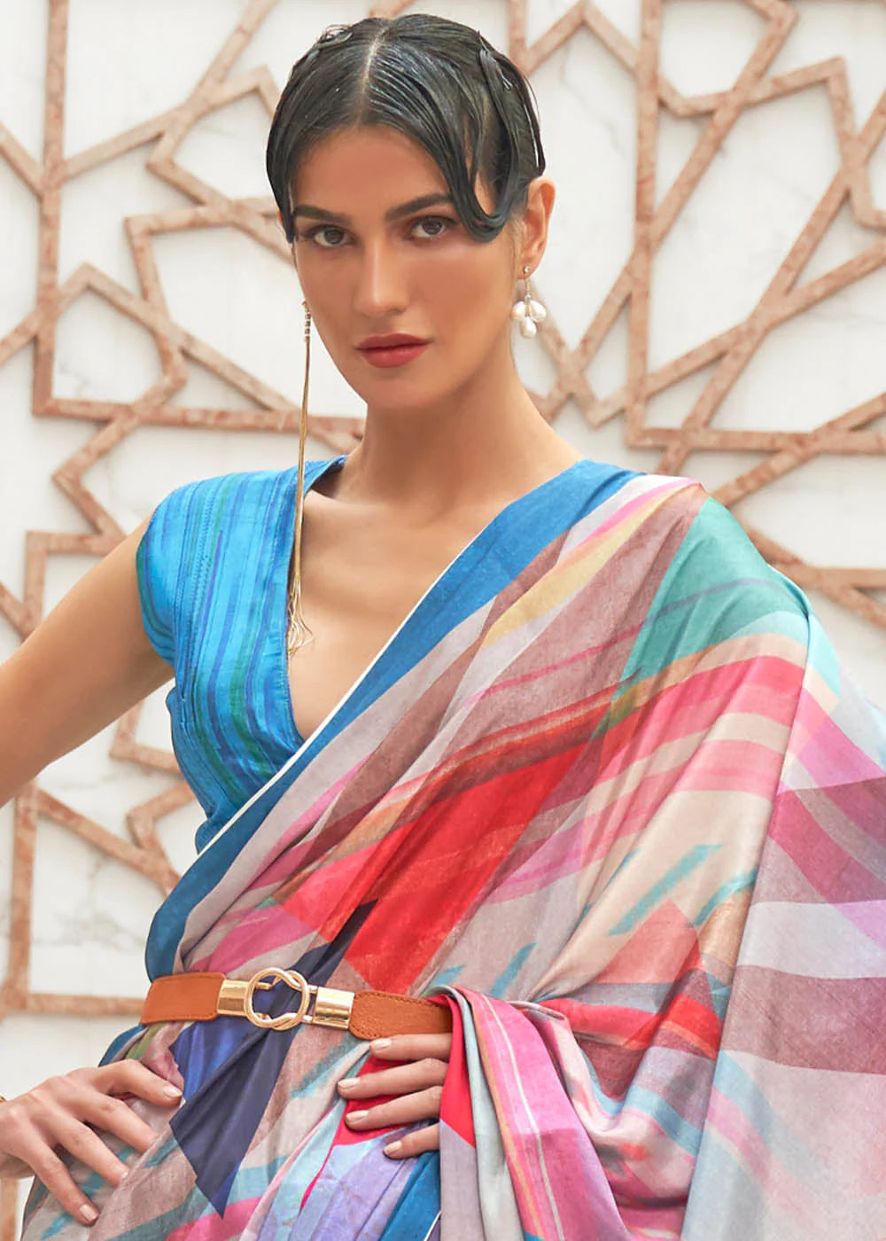 NAUTICA BLUE DIGITAL PRINTED CREPE SATIN SILK SAREE