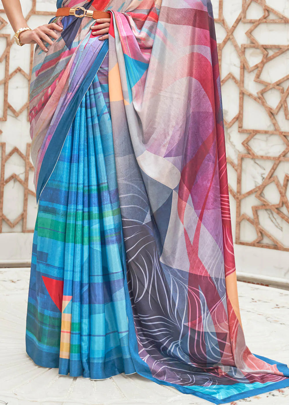 NAUTICA BLUE DIGITAL PRINTED CREPE SATIN SILK SAREE