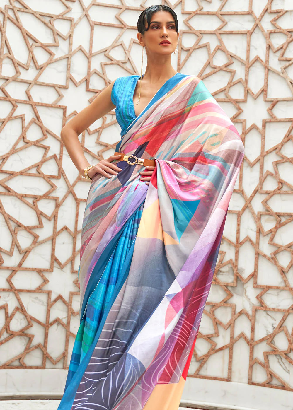 NAUTICA BLUE DIGITAL PRINTED CREPE SATIN SILK SAREE