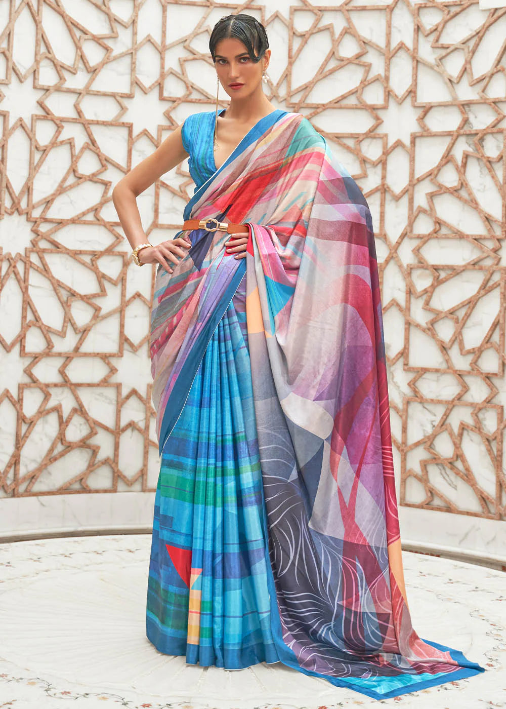 NAUTICA BLUE DIGITAL PRINTED CREPE SATIN SILK SAREE