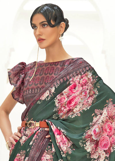 EMERALD GREEN DIGITAL PRINTED CREPE SATIN SILK SAREE