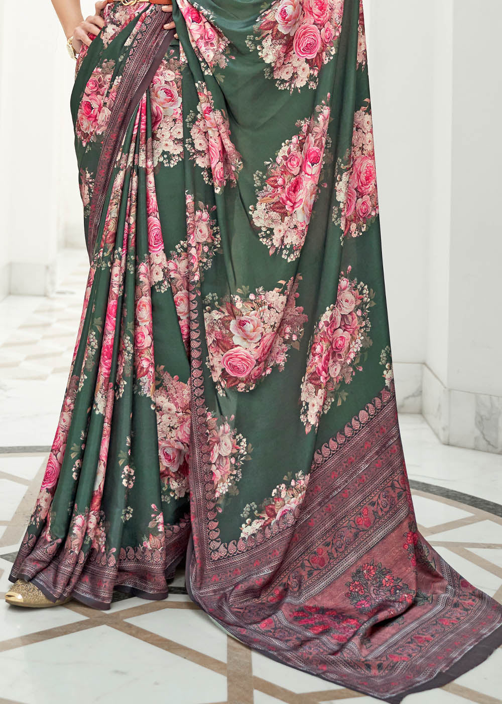 EMERALD GREEN DIGITAL PRINTED CREPE SATIN SILK SAREE