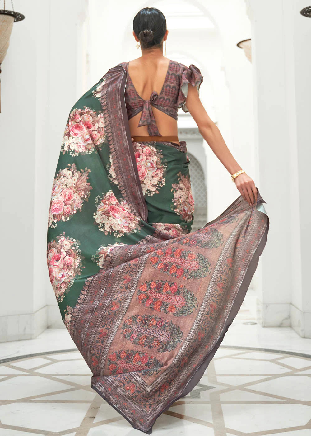 EMERALD GREEN DIGITAL PRINTED CREPE SATIN SILK SAREE