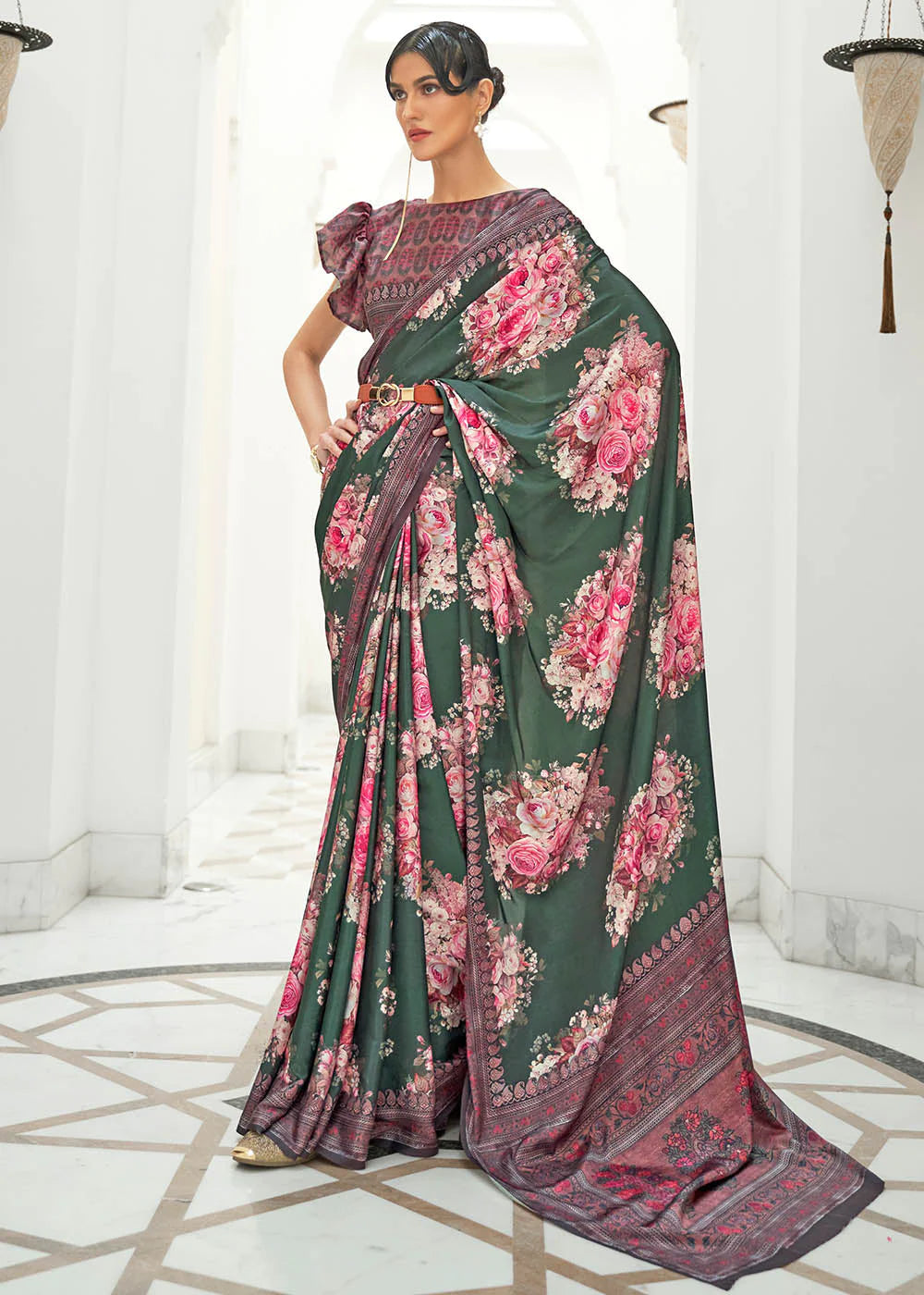 EMERALD GREEN DIGITAL PRINTED CREPE SATIN SILK SAREE