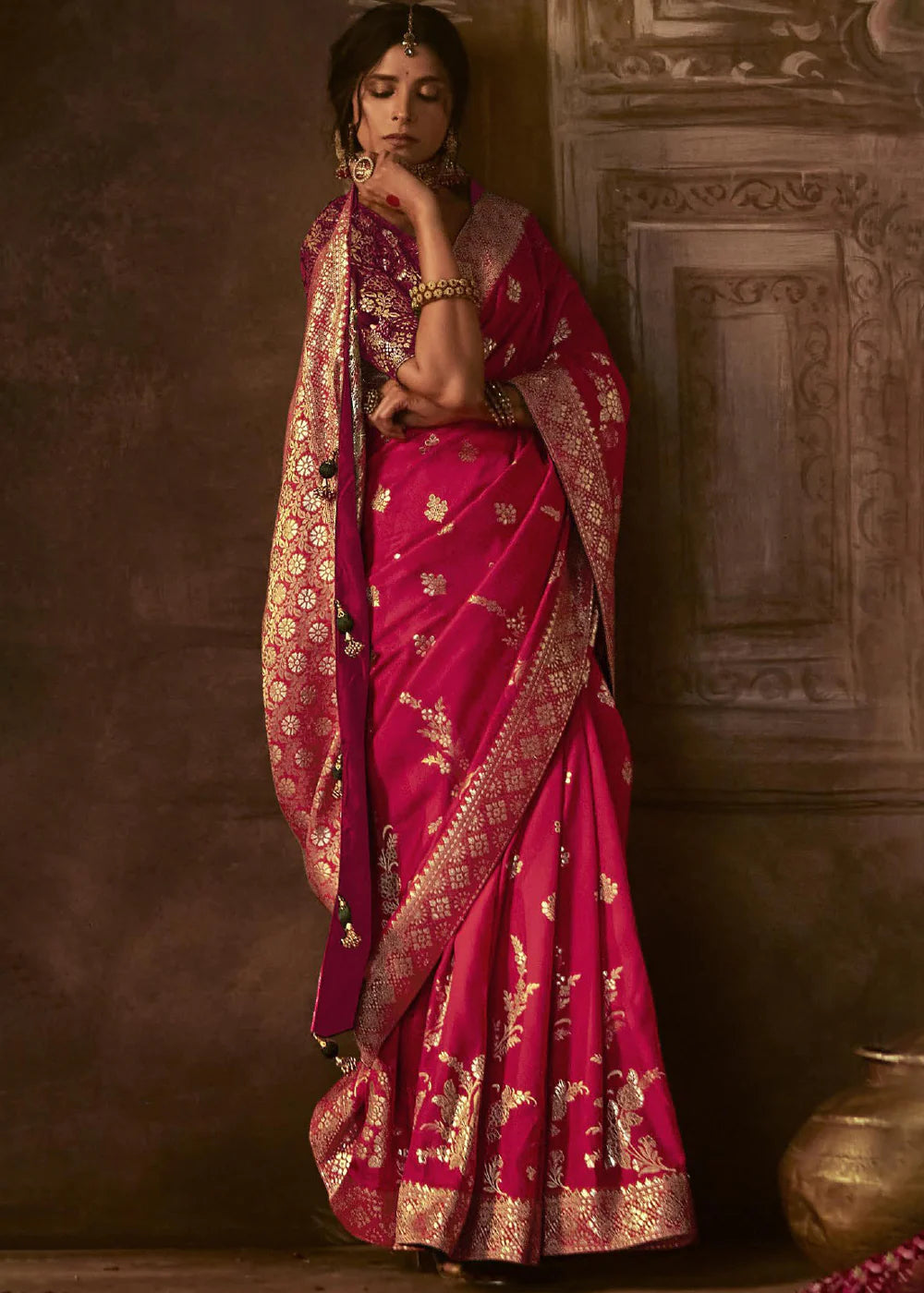 MAGENTA PINK Pure Soft Dola Silk Banarasi Saree Weaving work With Designer Blouse