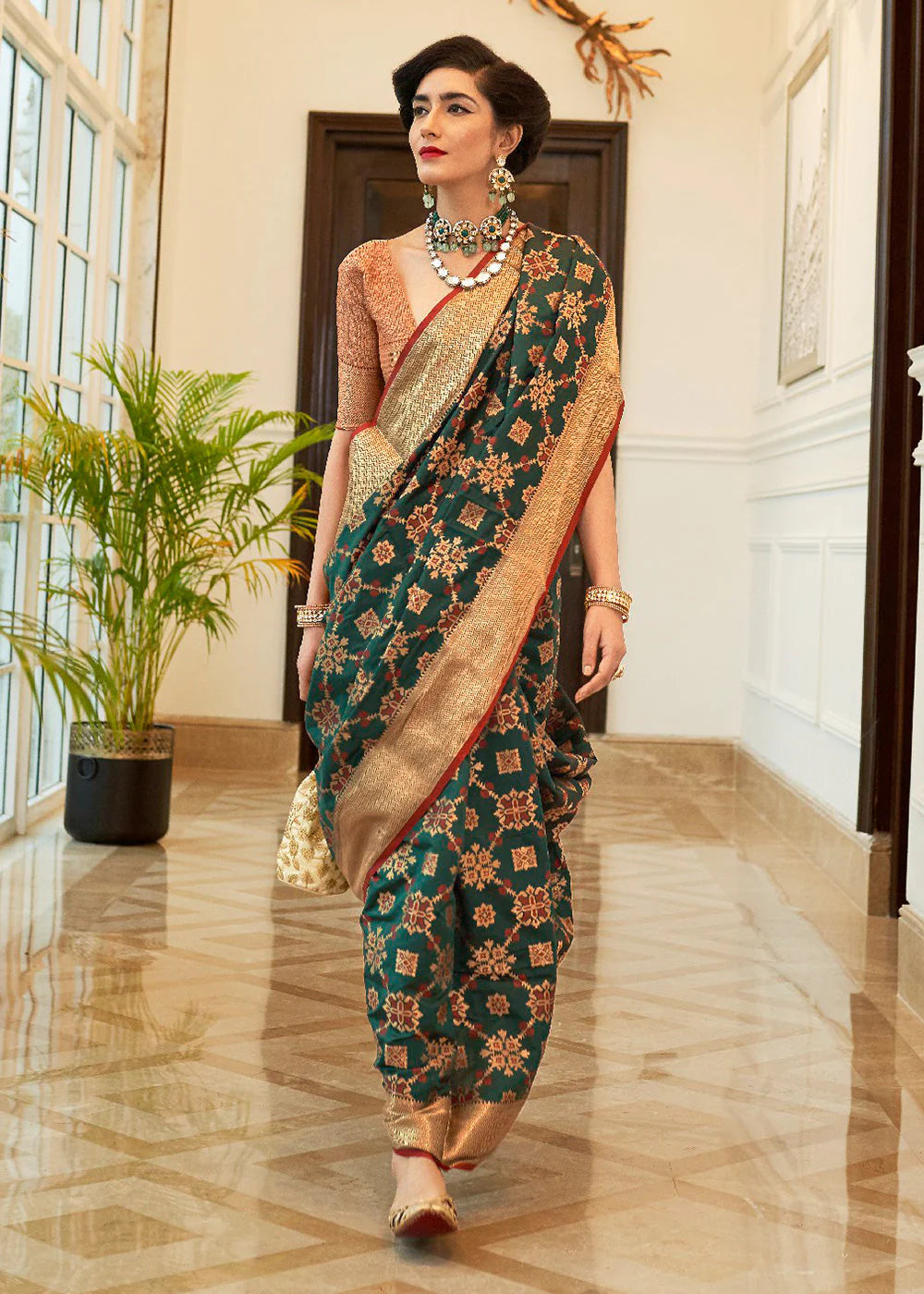 Enchantment Green Woven Patola Fusion Banarasi Saree With Brocade Blouse