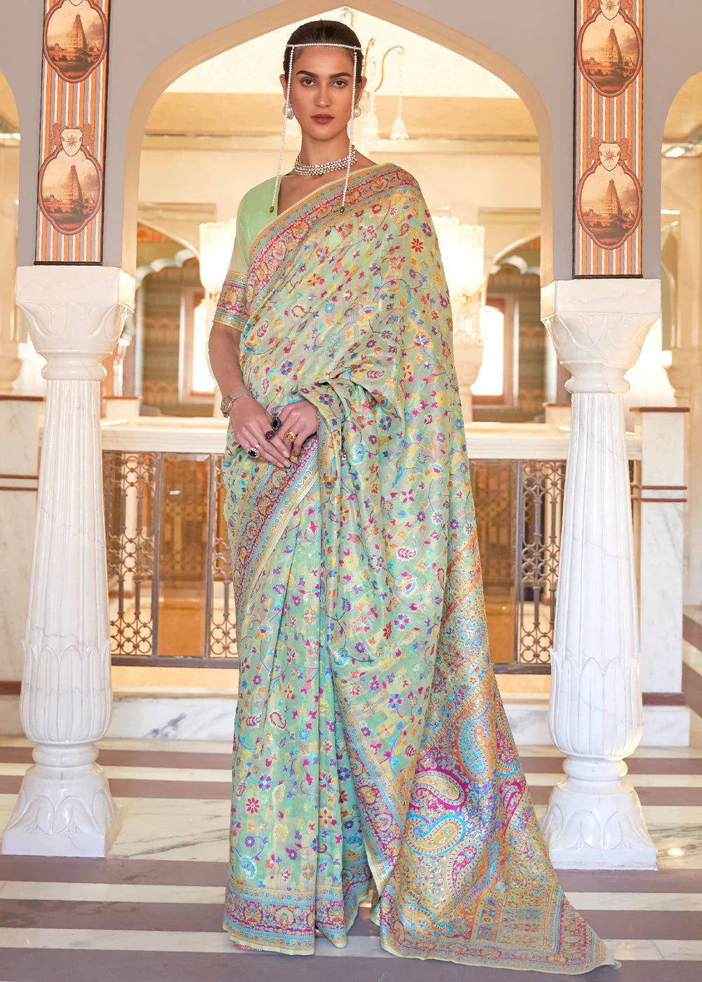 GREEN BANARASI JAMAWAR WOVEN SILK SAREE