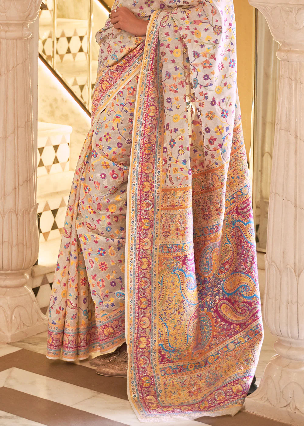 STONE Beige BANARASI JAMAWAR WOVEN SILK SAREE