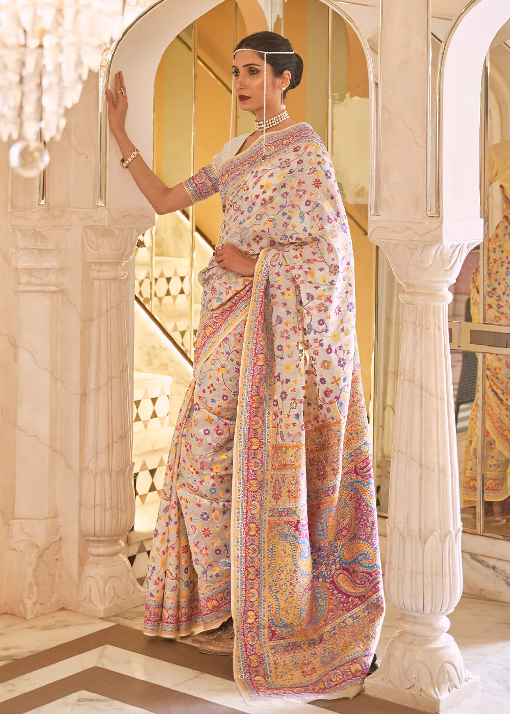 STONE Beige BANARASI JAMAWAR WOVEN SILK SAREE