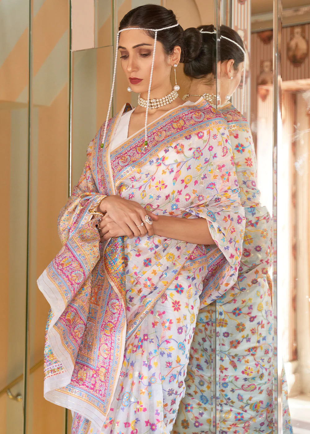 LINEN PINK BANARASI JAMAWAR WOVEN SILK SAREE