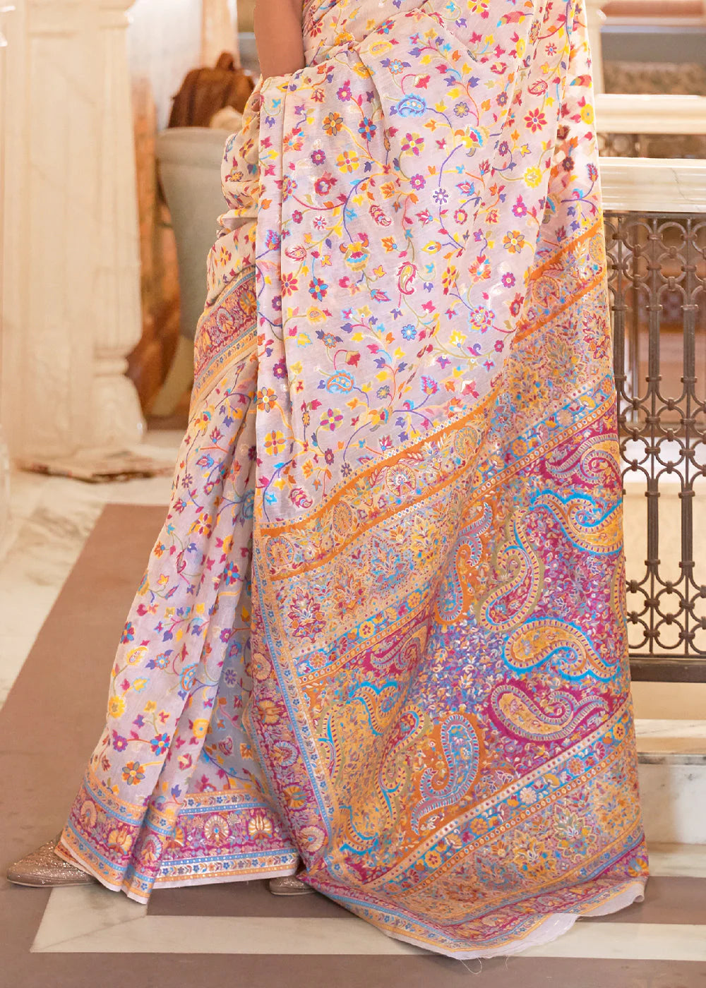 LINEN PINK BANARASI JAMAWAR WOVEN SILK SAREE