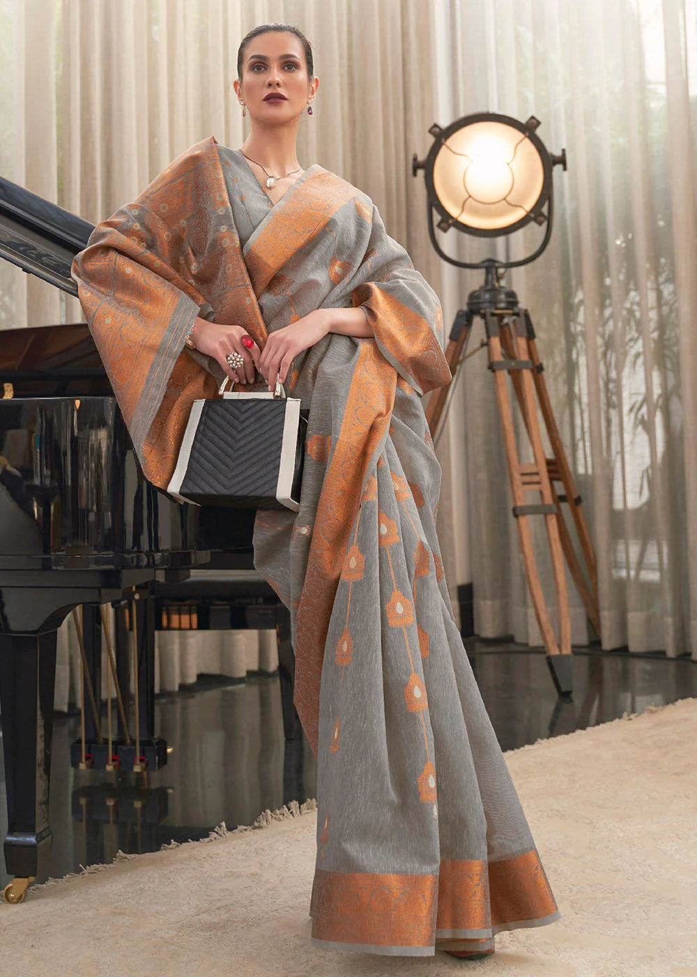 GREY COPPER ZARI WOVEN LINEN SILK SAREE