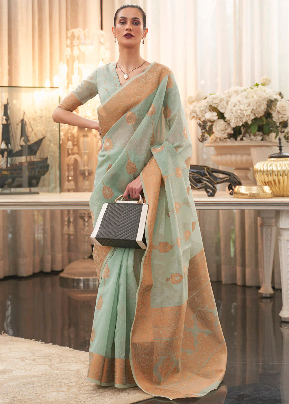 GREEN COPPER ZARI WOVEN LINEN SILK SAREE