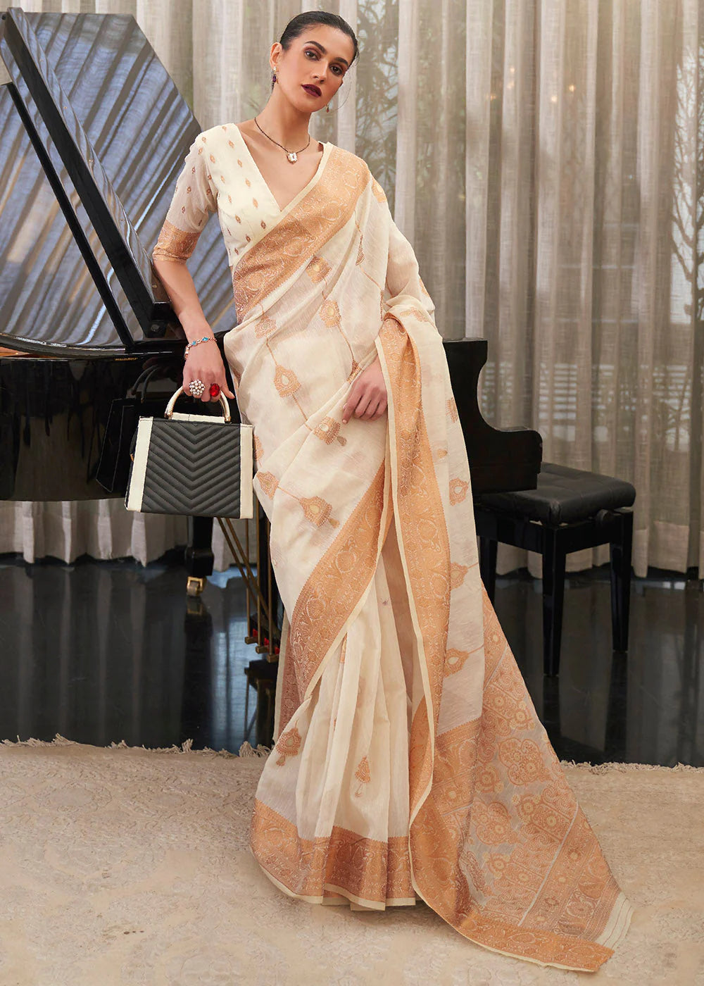 WHITE COPPER ZARI WOVEN LINEN SILK SAREE