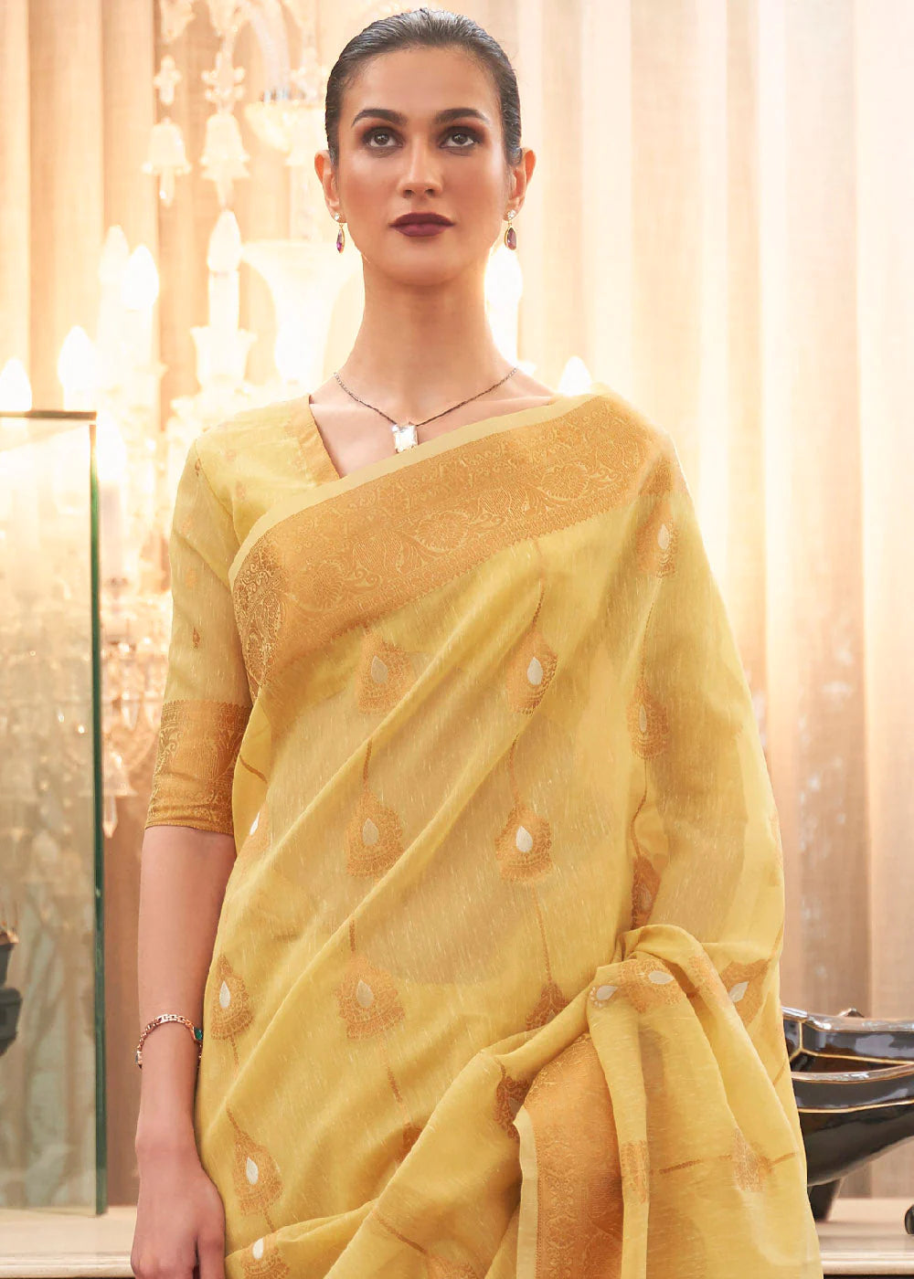 YELLOW COPPER ZARI WOVEN LINEN SILK SAREE