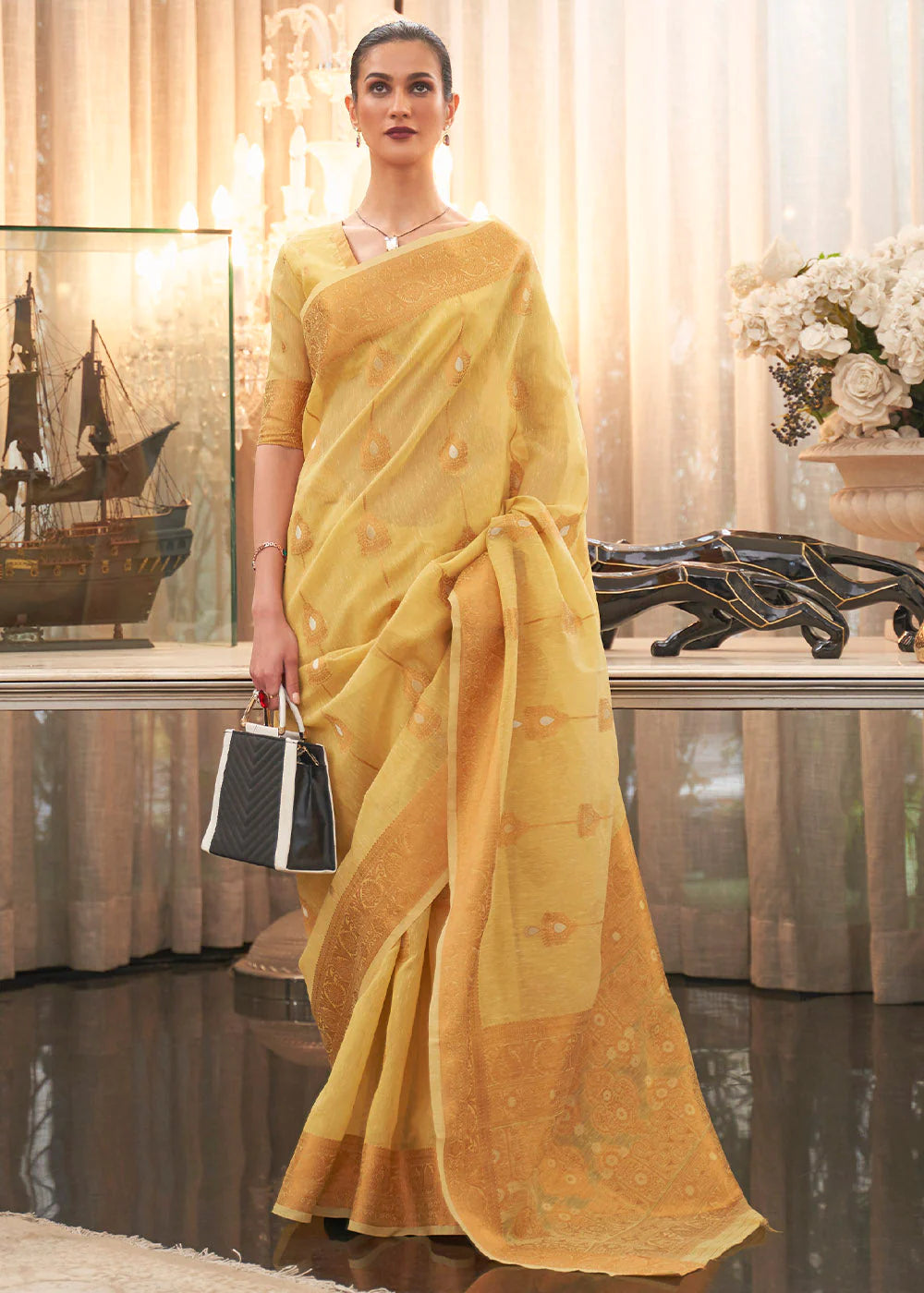 YELLOW COPPER ZARI WOVEN LINEN SILK SAREE