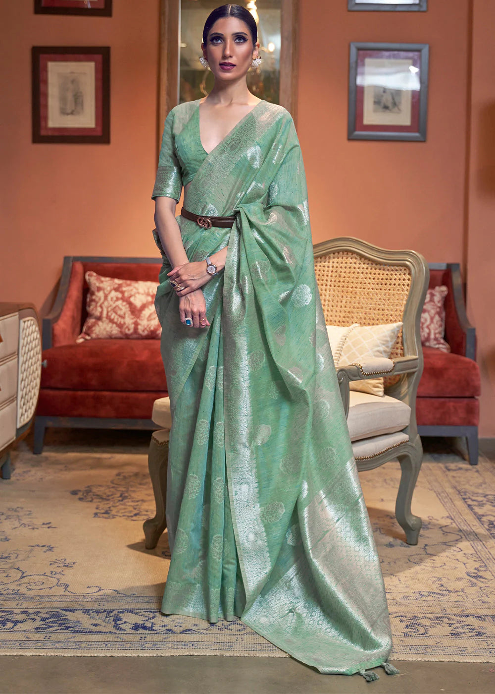 PASTEL GREEN WOVEN LINEN SILK SAREE