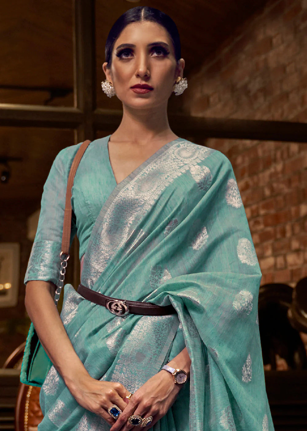 CERULEAN BLUE WOVEN LINEN SILK SAREE