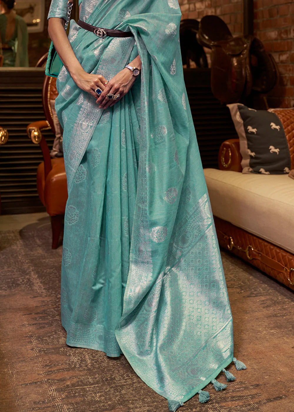 CERULEAN BLUE WOVEN LINEN SILK SAREE