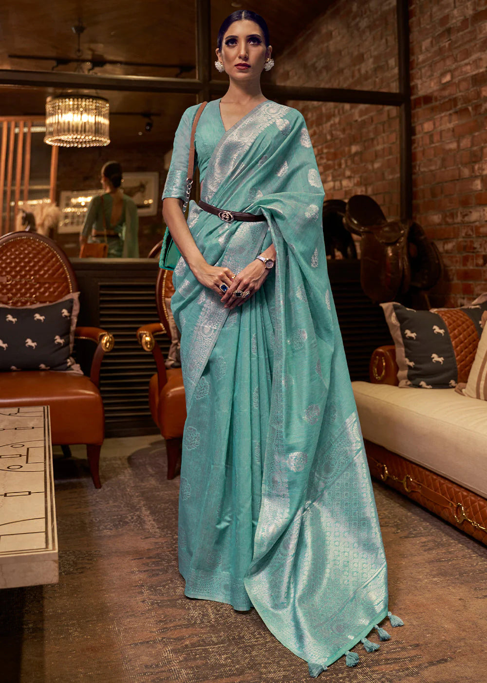 CERULEAN BLUE WOVEN LINEN SILK SAREE