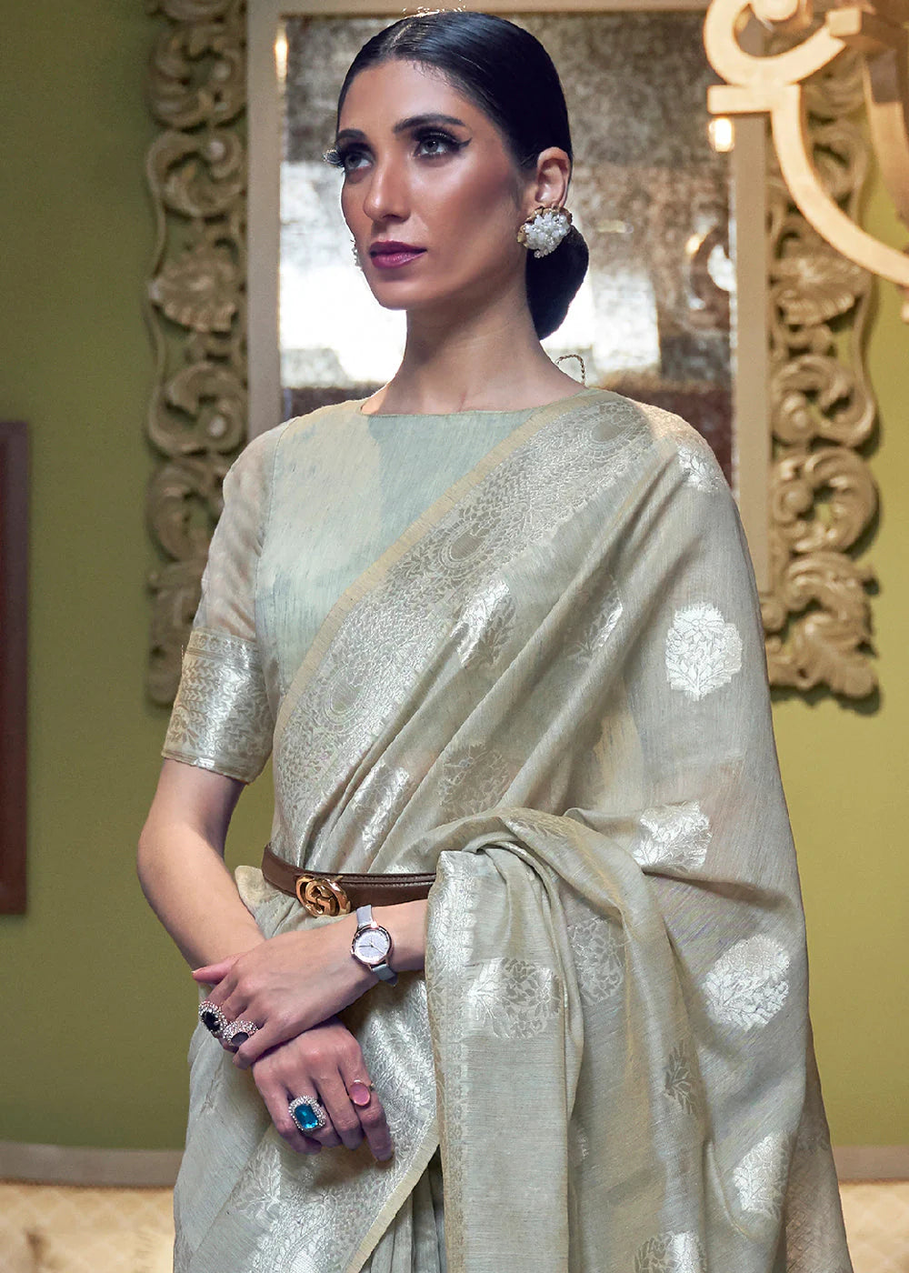 FLINT GREY WOVEN LINEN SILK SAREE