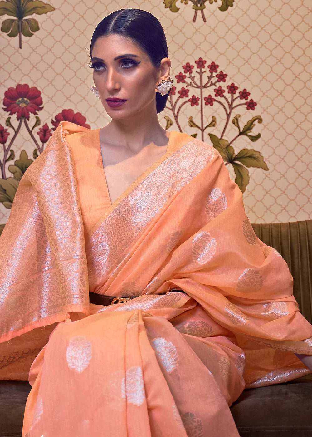 TANGERINE ORANGE WOVEN LINEN SILK SAREE