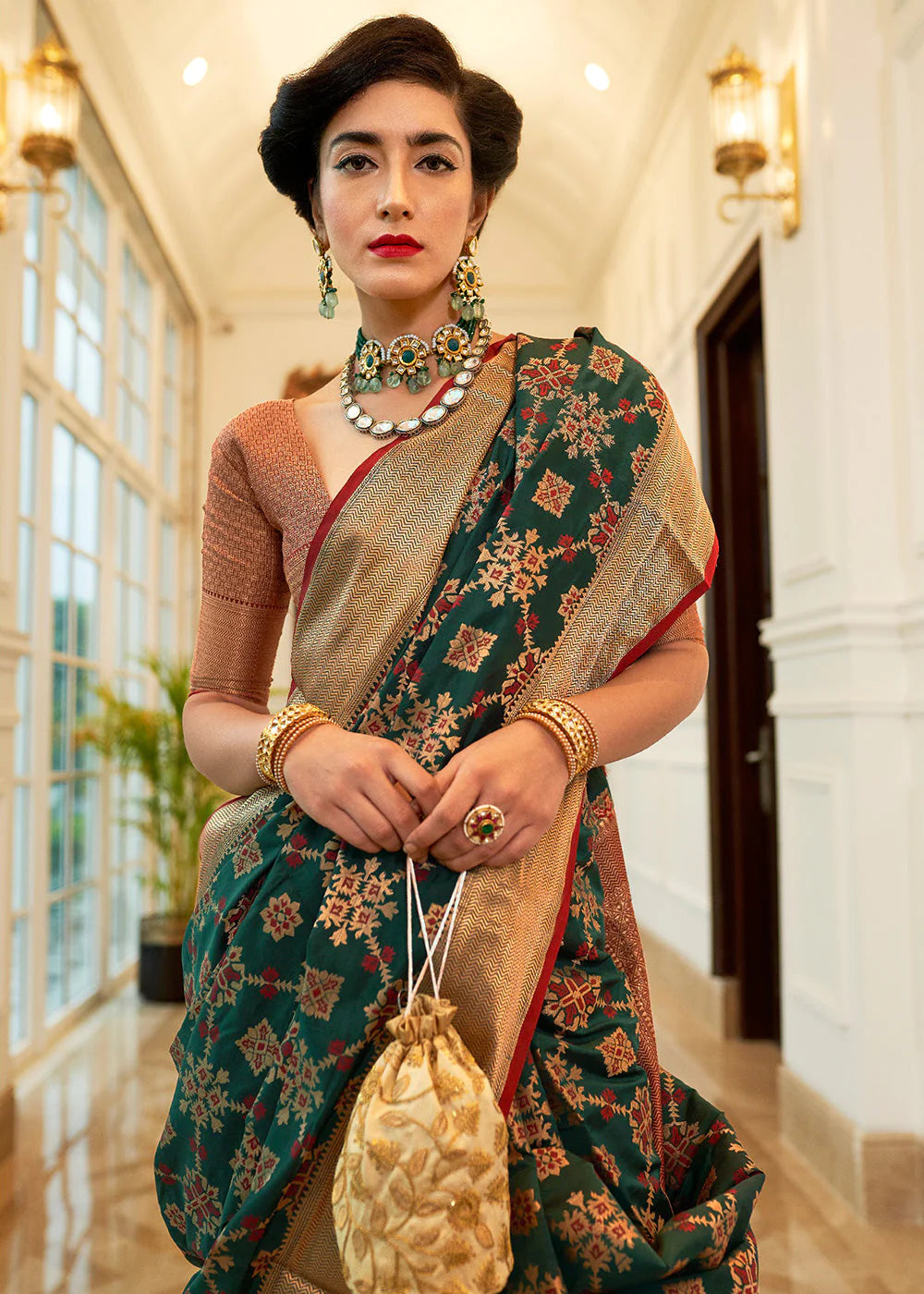 Enchantment Green Woven Patola Fusion Banarasi Saree With Brocade Blouse