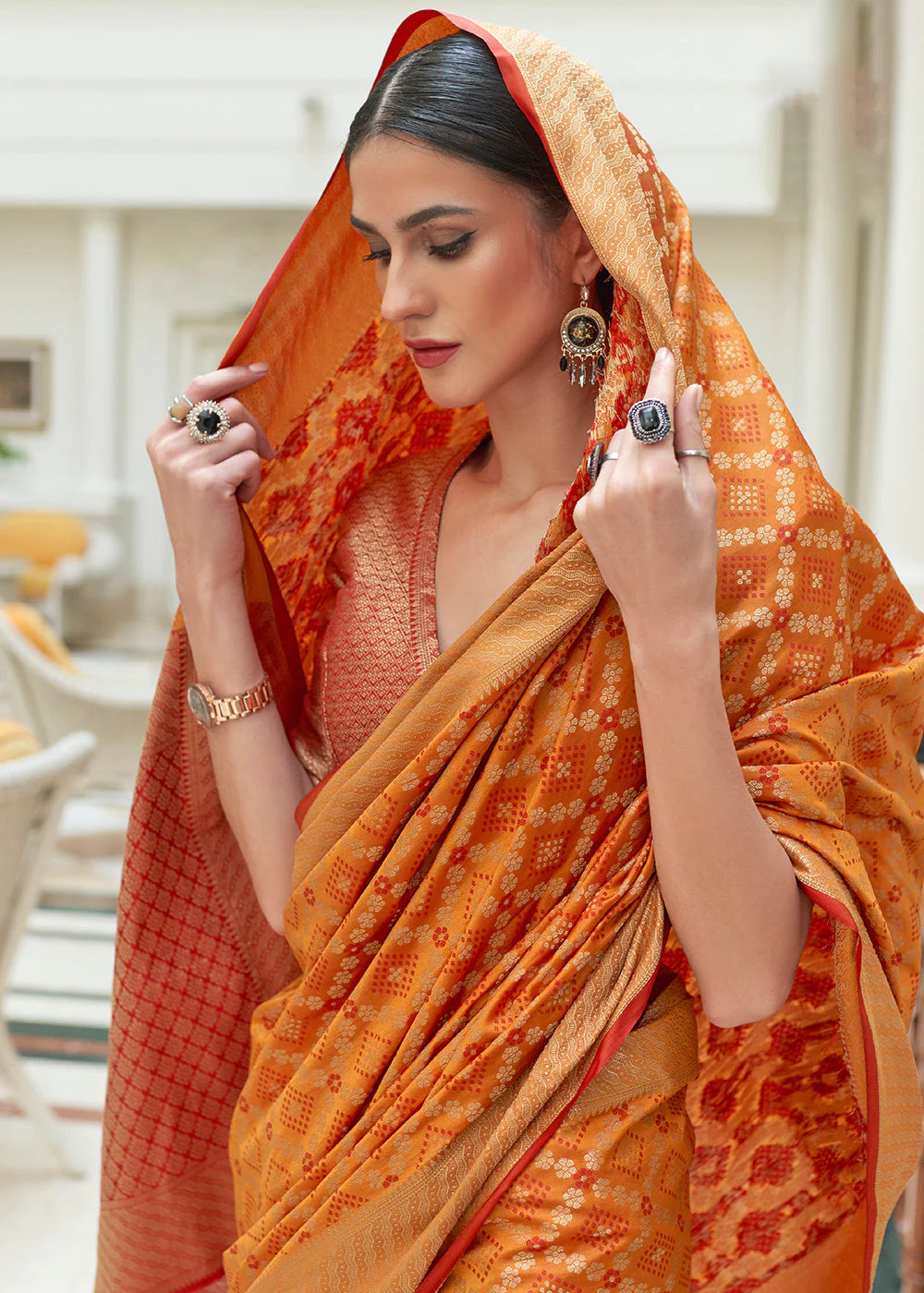 ORANGE HANDLOOM PATOLA WEAVE SILK SAREE