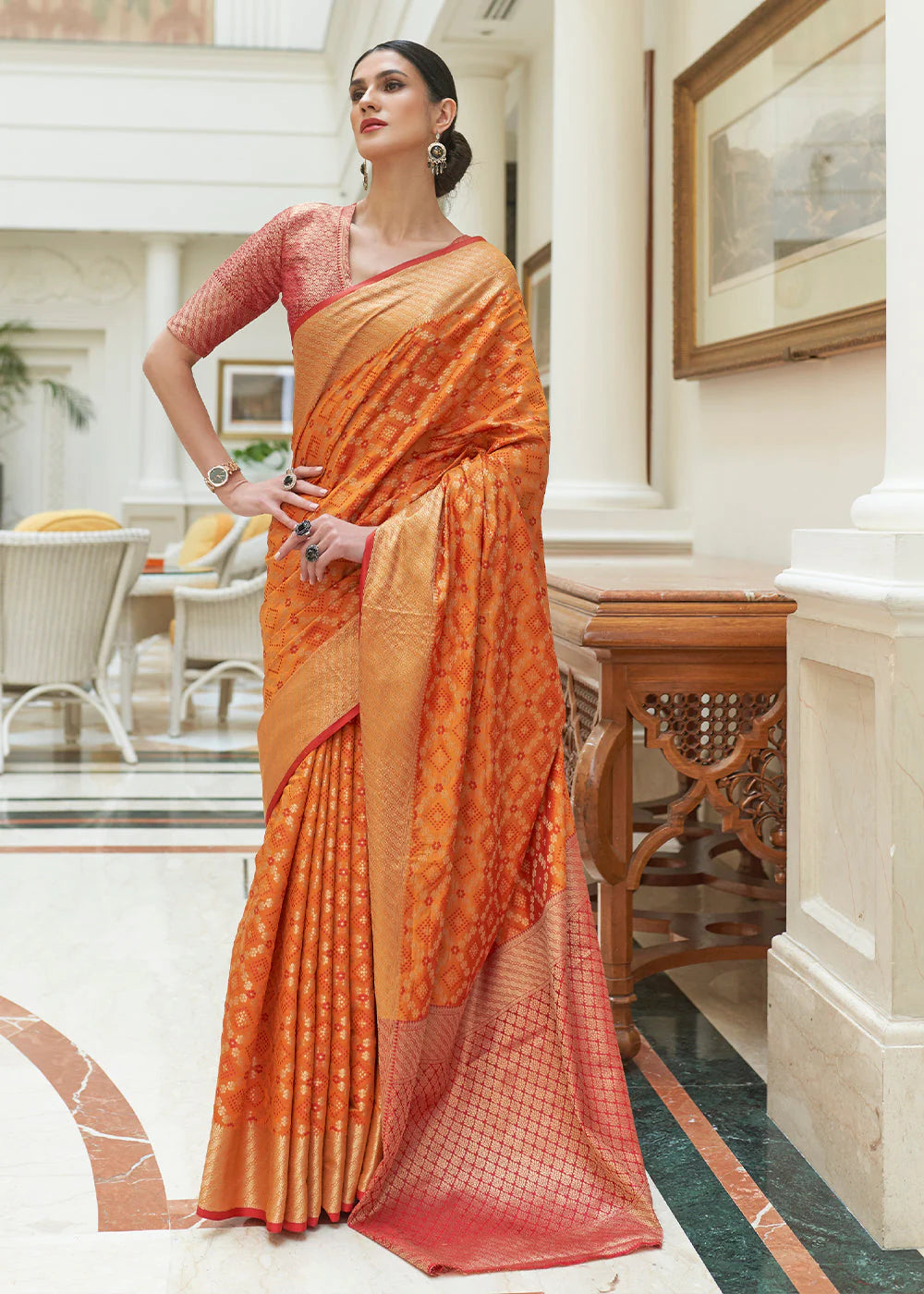 ORANGE HANDLOOM PATOLA WEAVE SILK SAREE