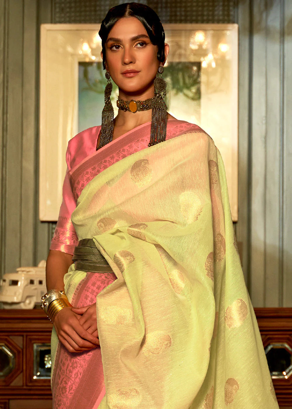 Lemon GREEN COPPER ZARI WOVEN LINEN SILK SAREE