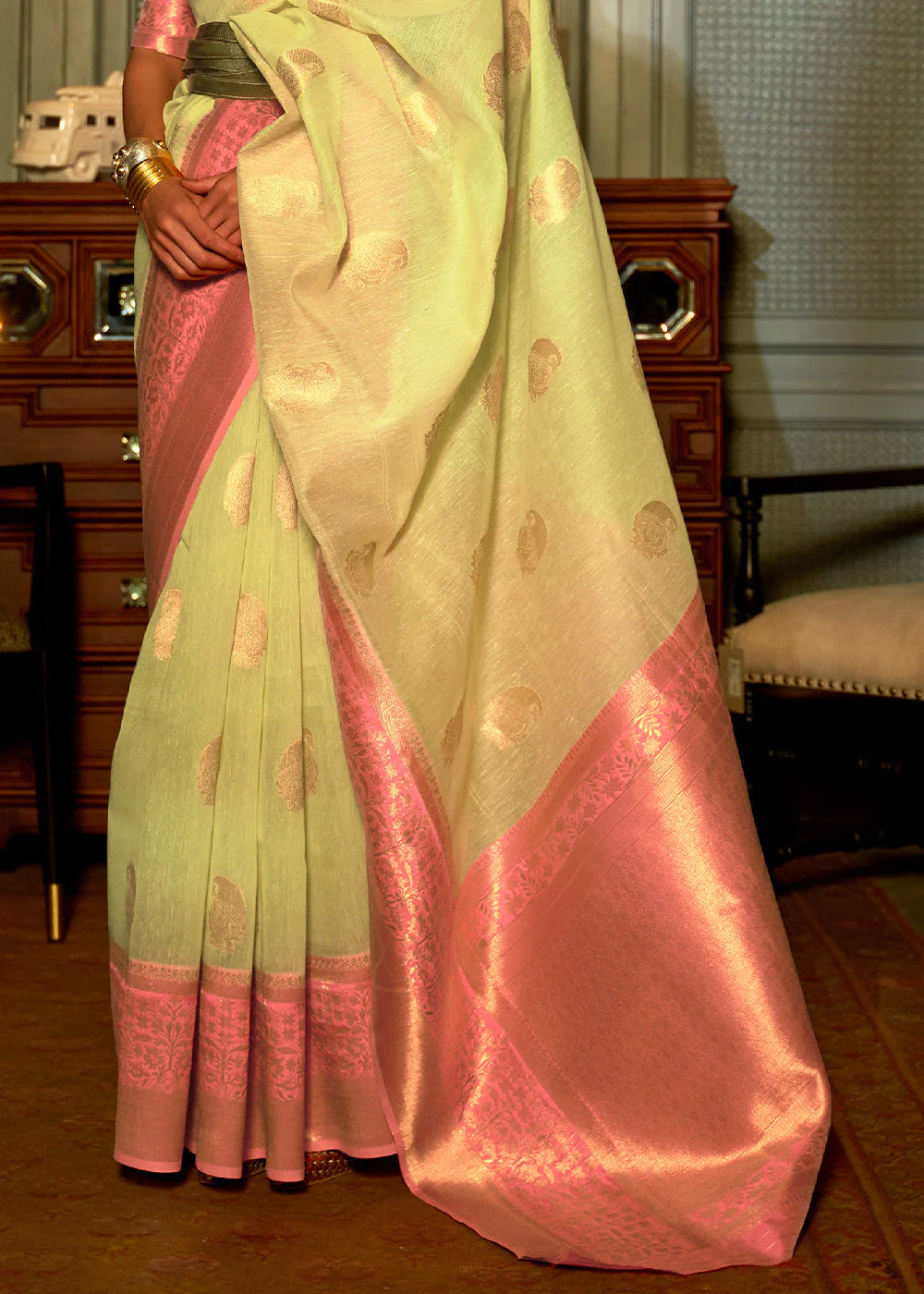 Lemon GREEN COPPER ZARI WOVEN LINEN SILK SAREE