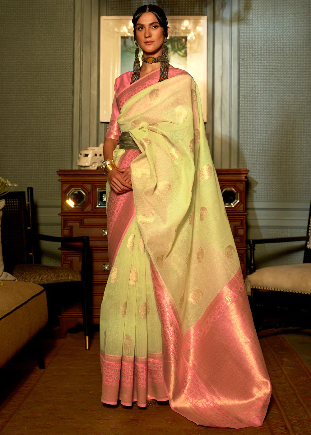 Lemon GREEN COPPER ZARI WOVEN LINEN SILK SAREE