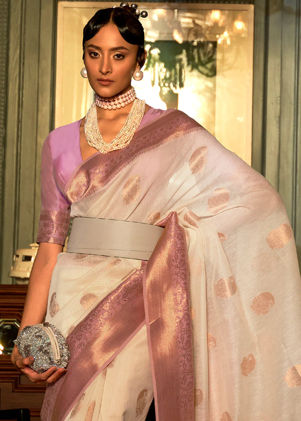 mauve BROWN COPPER ZARI WOVEN LINEN SILK SAREE