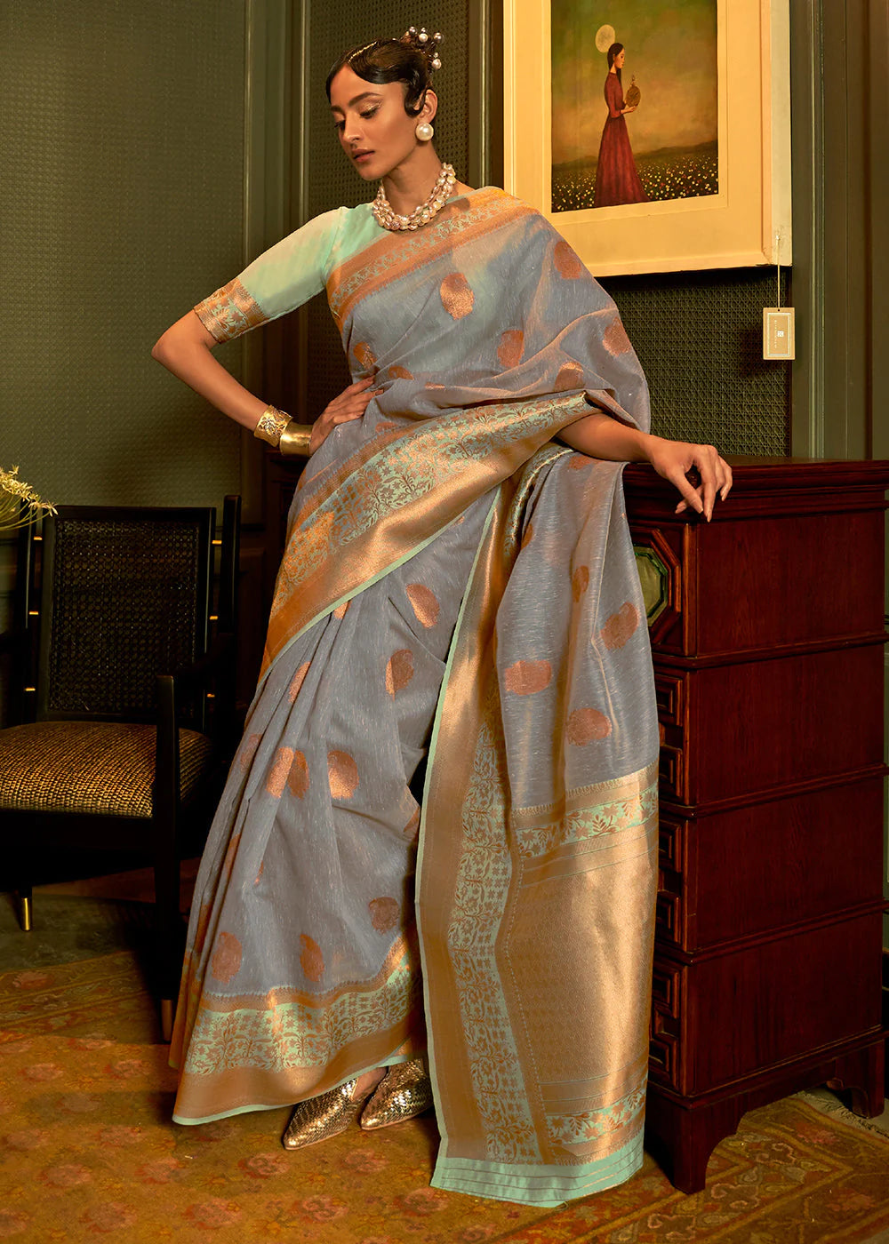 DOVE GREY COPPER ZARI WOVEN LINEN SILK SAREE