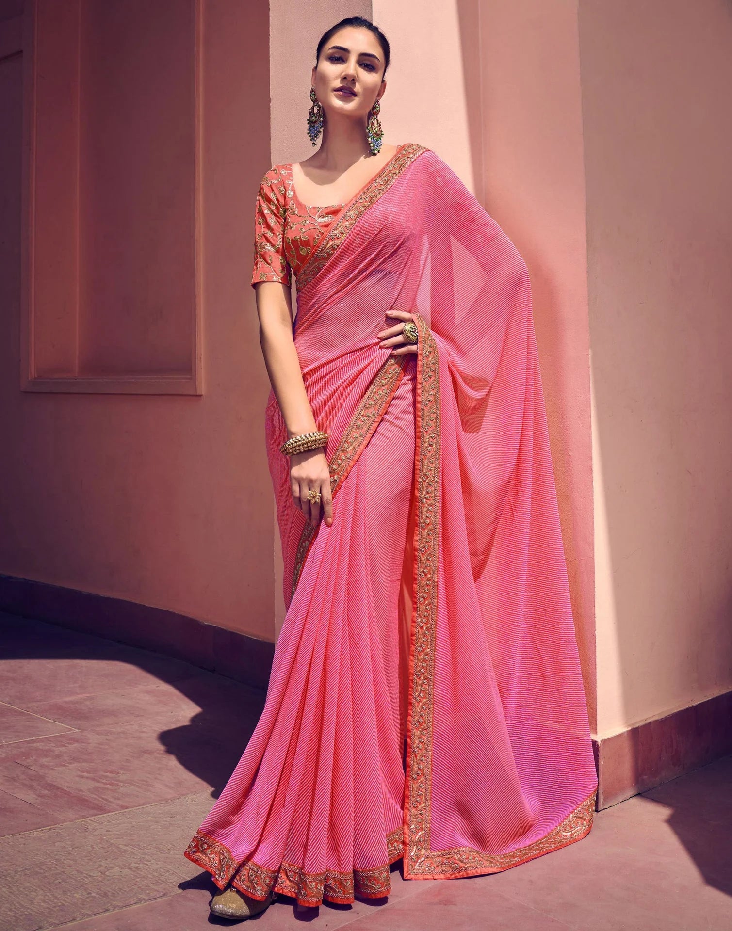 LIGHT PINK Georgette Saree WITH Embroidery Border