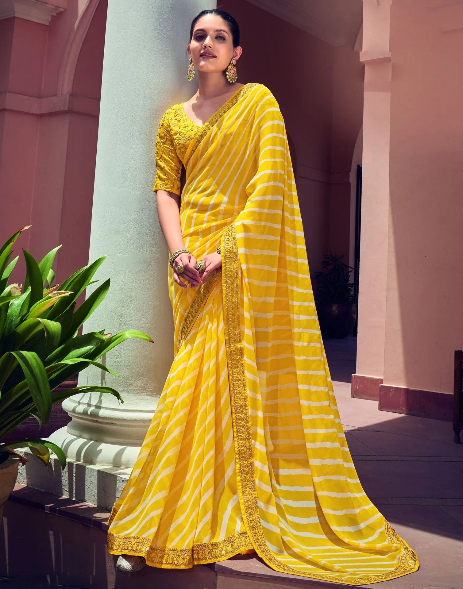 Dandelion Yellow Georgette Saree WITH Embroidery Border