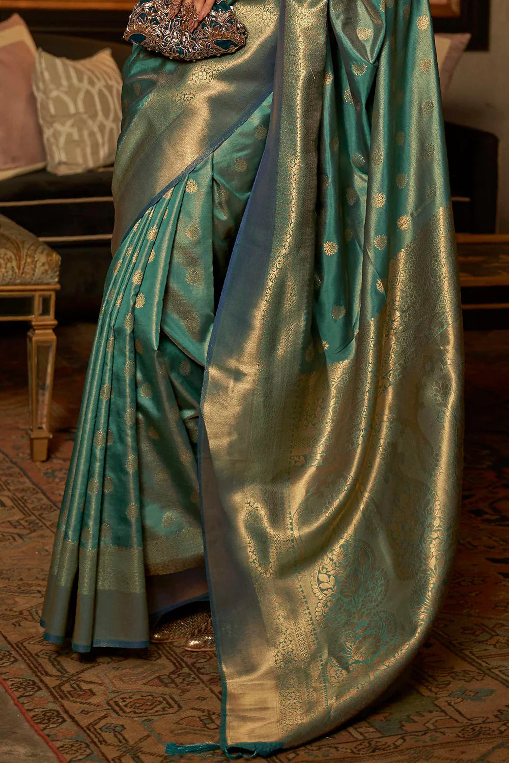 AQUAMARINE GREEN zari handloom weaving KANJIVARAM SILK